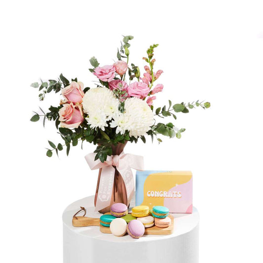 Pastel Congrats Vase with Macarons