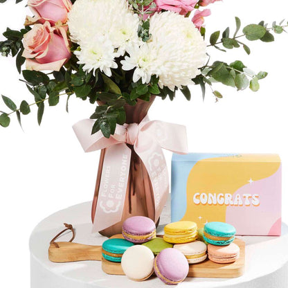 Pastel Congrats Vase with Macarons